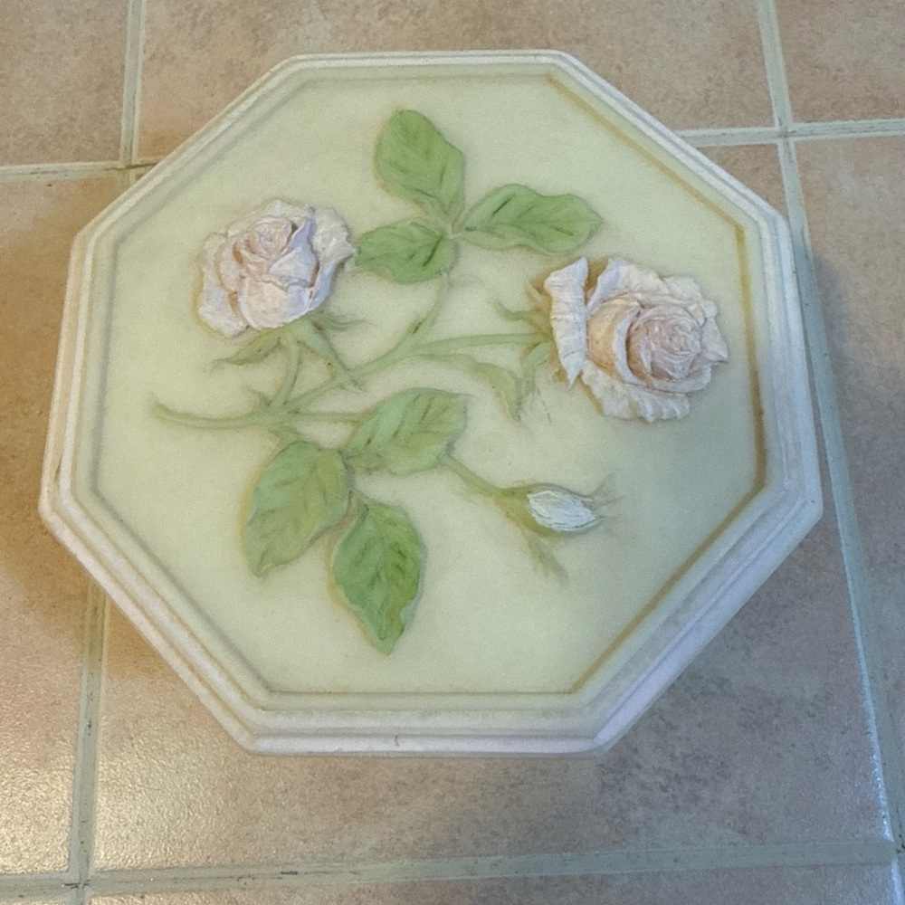 Design Gifts Intern'l Faux Marble Soapstone Pink with Roses Trinket Jewelry  Box